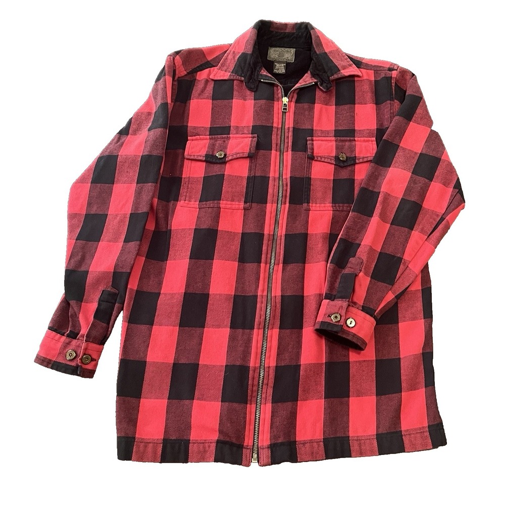Vintage Buffalo Plaid Shirt Jacket Men's M Tall Red Black Corduroy Leather Patch